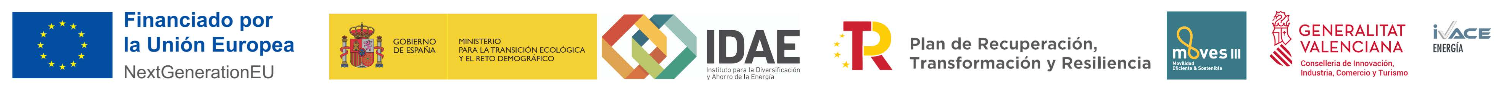 Logotipos oficiales del Programa MOVES III: Financiado por la Unión Europea - NextGenerationEU, Plan de Recuperación, IDAE e IVACE Generalitat Valenciana.