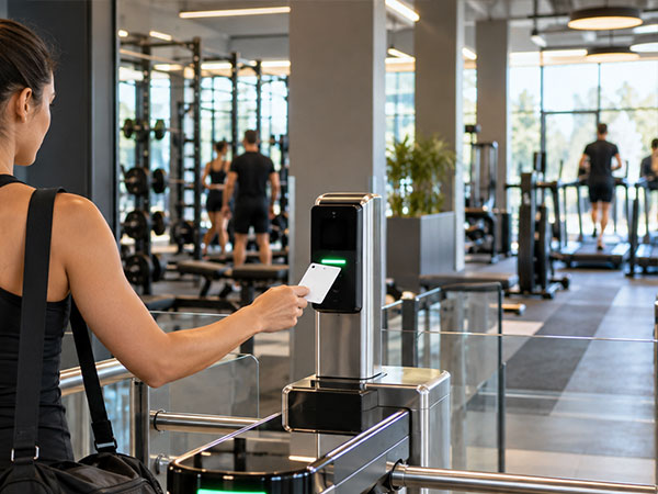 control-acceso-gimnasio Una chica entrando al gimnasio por el control de acceso y pasando su identificación.