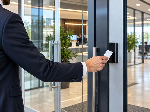 control-acceso-oficina Un hombre accediendo a la oficina por el control de acceso con su tarjeta.